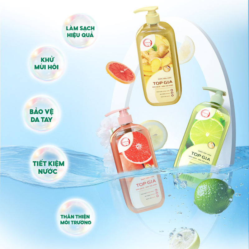 Combo 3 Chai Nước Rửa Chén Top Gia Hương Chanh Tươi - Hương Gừng - Hương Bưởi Hồng 1kg/Chai - Set 3 Chai