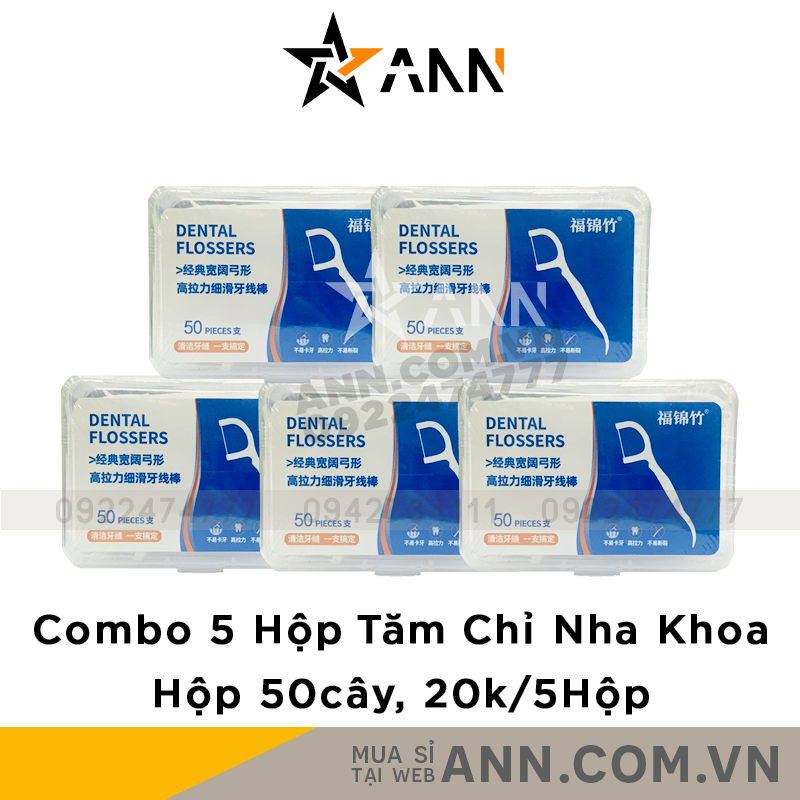 Combo 5 Hộp Tăm Chỉ Nha Khoa Dental Flossers 50 Tăm/Hộp 8,4x5,8x2,7cm Dài 7cm