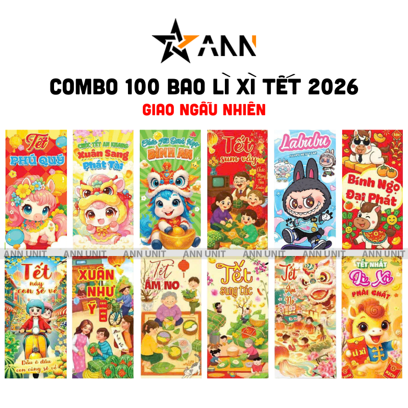 Hình tổng hợp một số mẫu trong combo 100 bao lì xì Tết 2026