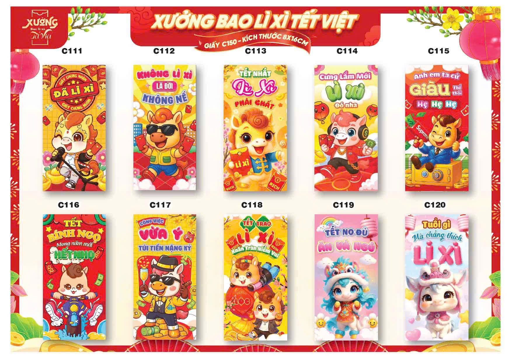 Combo 100 Bao Lì Xì Tết Bính Ngọ 2026 Khách Chọn Tối Đa 10 Mẫu