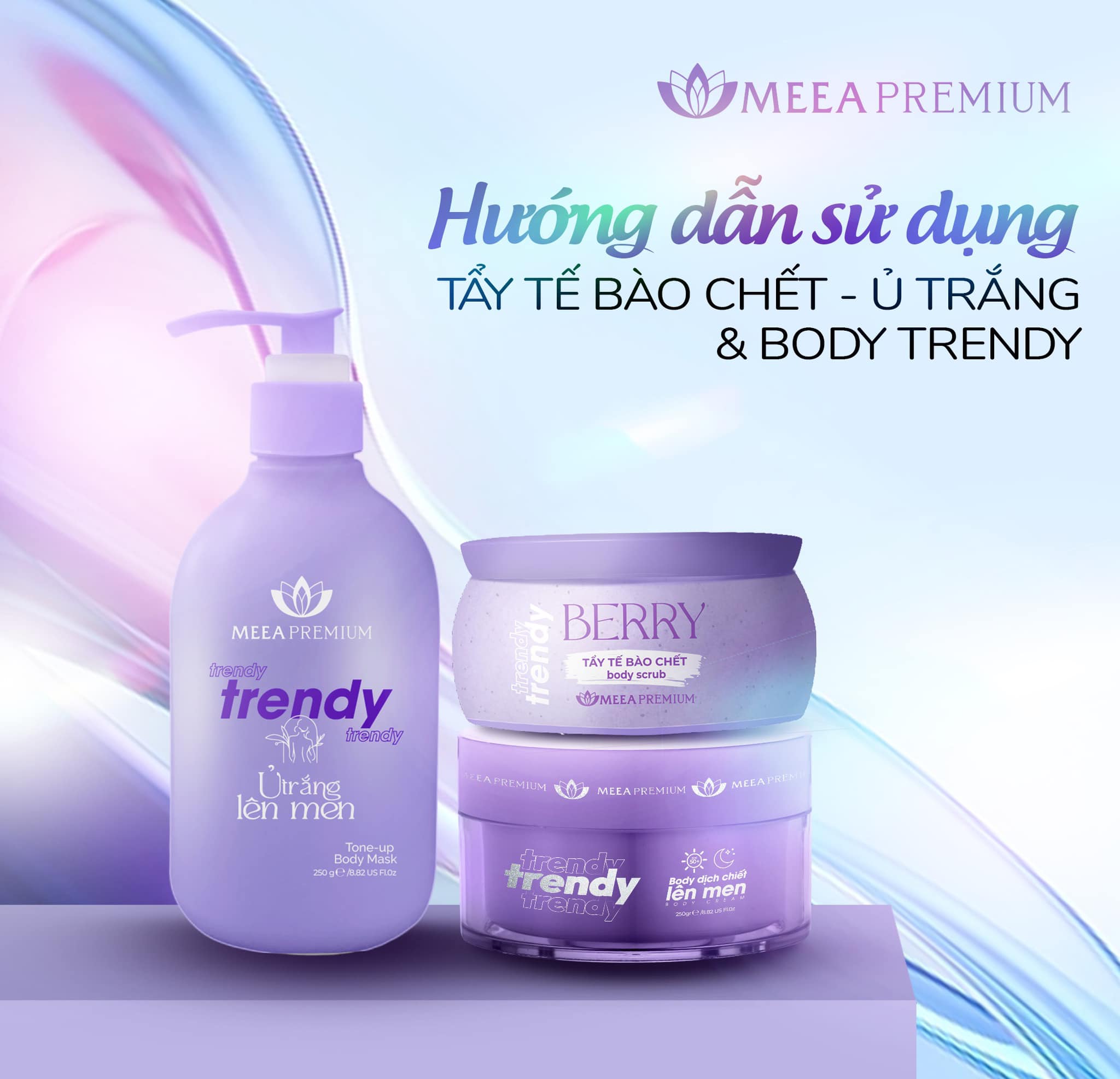 Combo dưỡng body Trendy Meea Premium gồm ủ trắng lên men 250g, body kem lên men 250g, tẩy tế bào chết Berry 100g