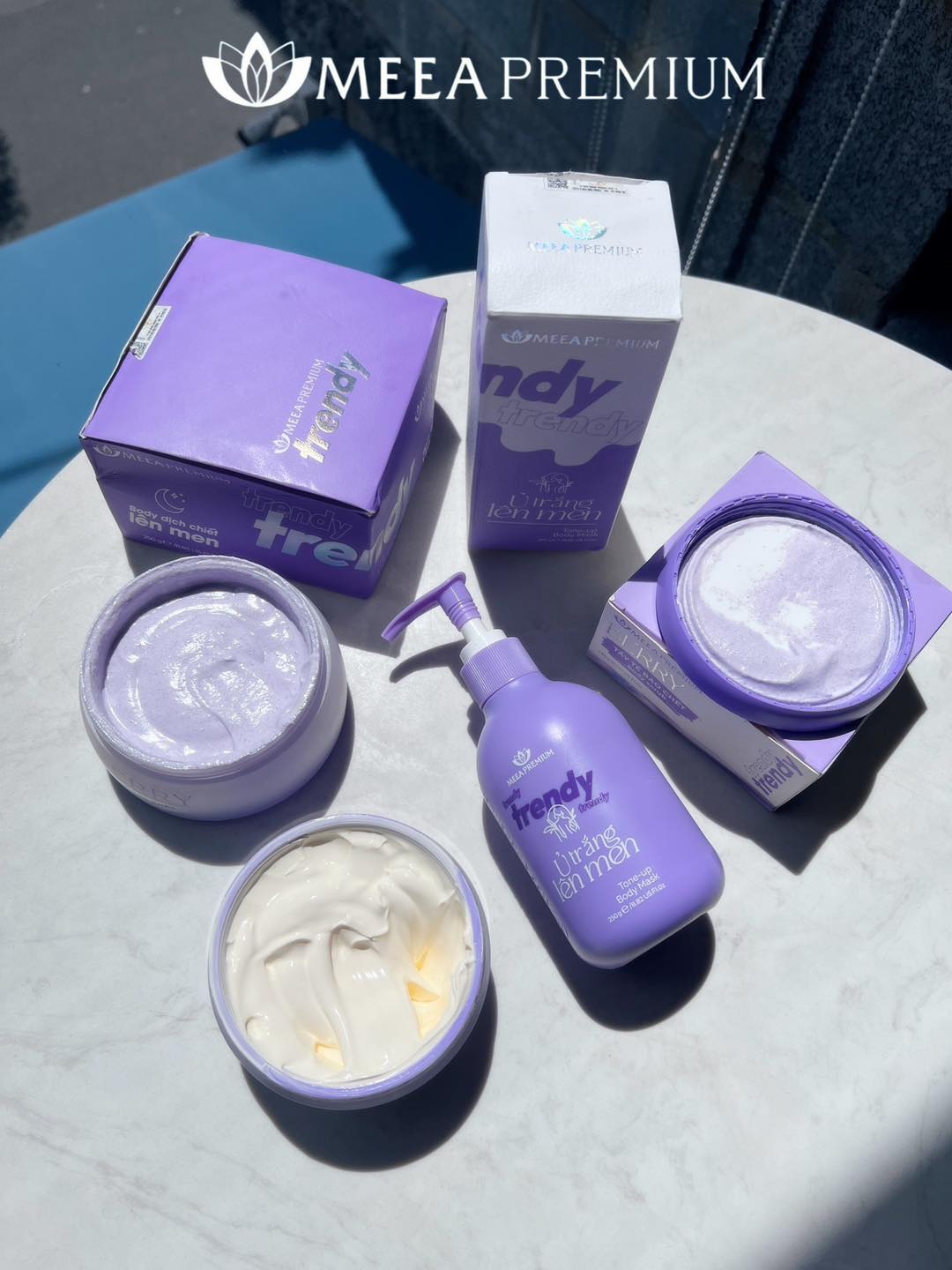 Combo dưỡng body Trendy Meea Premium gồm ủ trắng lên men 250g, body kem lên men 250g, tẩy tế bào chết Berry 100g
