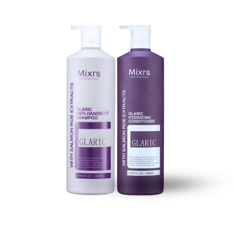 Hai chai tím ghi rõ Anti-Dandruff Shampoo và Hydrating Conditioner