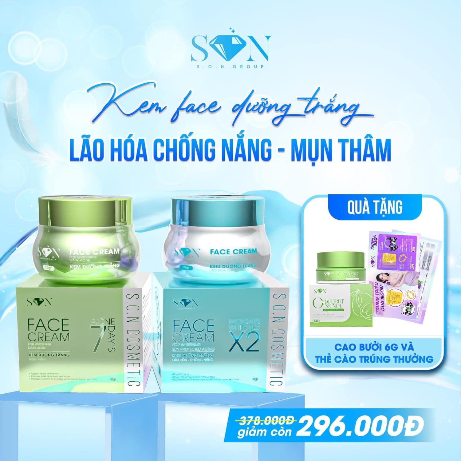 Hình ảnh bộ đôi xanh lá và xanh biển kèm quà tặng cao bưởi