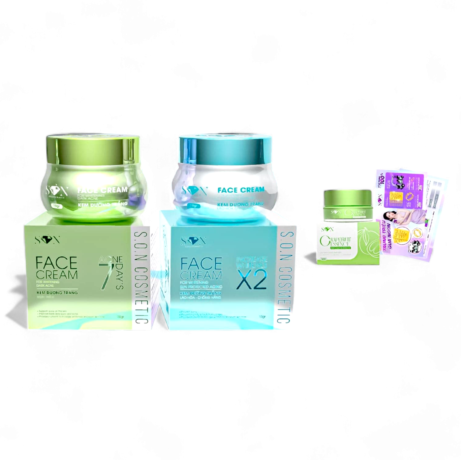 Combo Kem Face Hỗ Trợ Giảm Mụn Xanh Lá + Xanh Biển SON Cosmetic Tặng Cao Bưởi Phiên Bản Mới – một lựa chọn đáng tham khảo trong Kem giảm mụn thâm