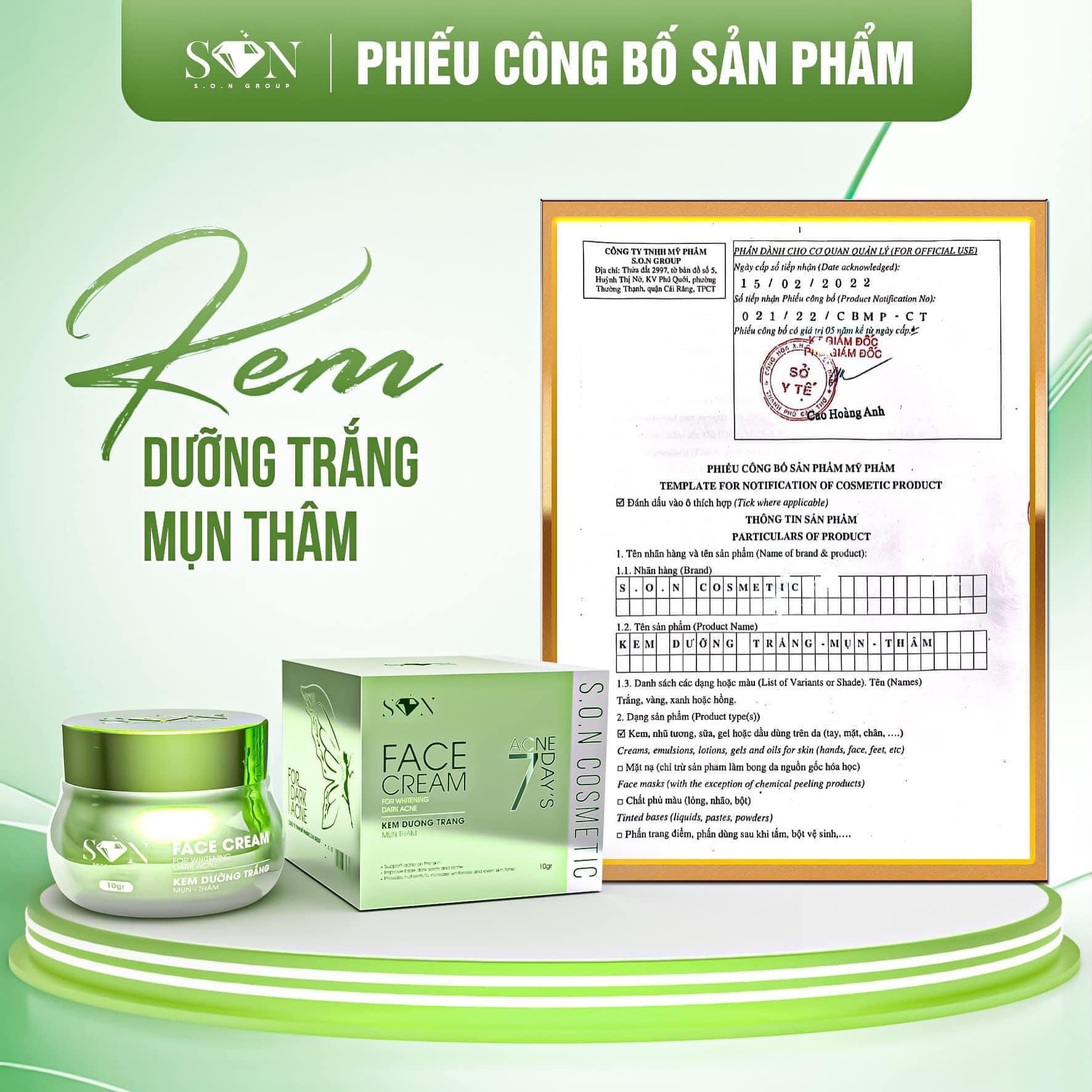 Bao bì kem face xanh lá và phiếu công bố sản phẩm