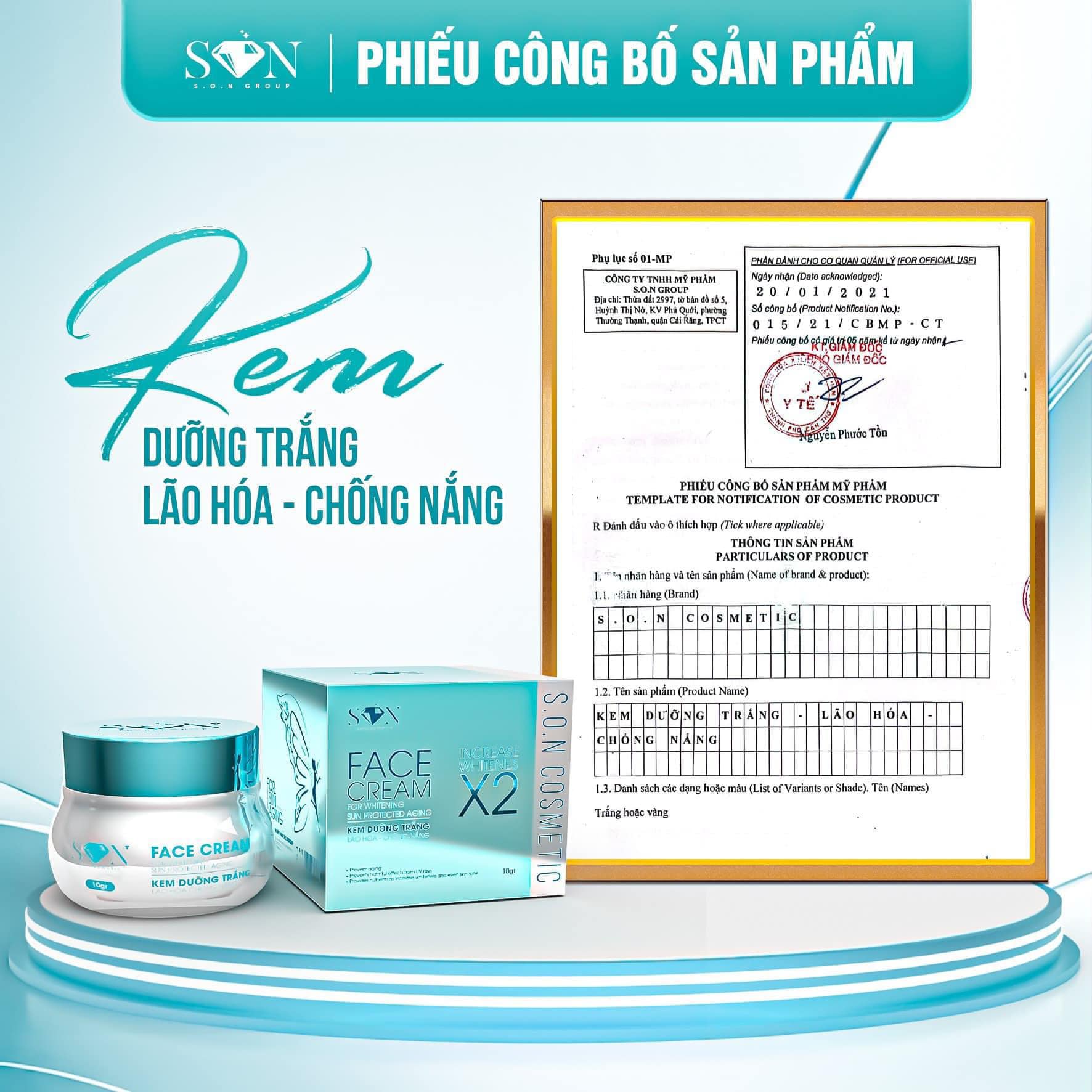 Bao bì kem face xanh biển và phiếu công bố sản phẩm