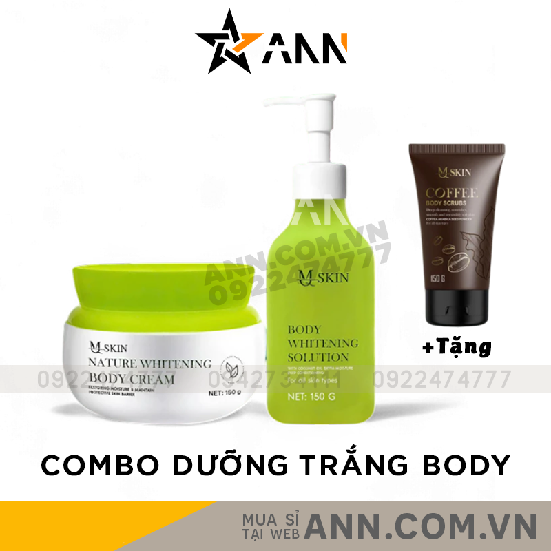 Bộ sản phẩm gồm kem body, chai dưỡng body và quà tặng tẩy tế bào chết cà phê