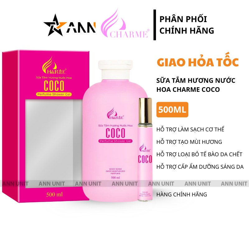 Bộ đôi chai sữa tắm hồng 500ml và nước hoa mini đặt cạnh hộp