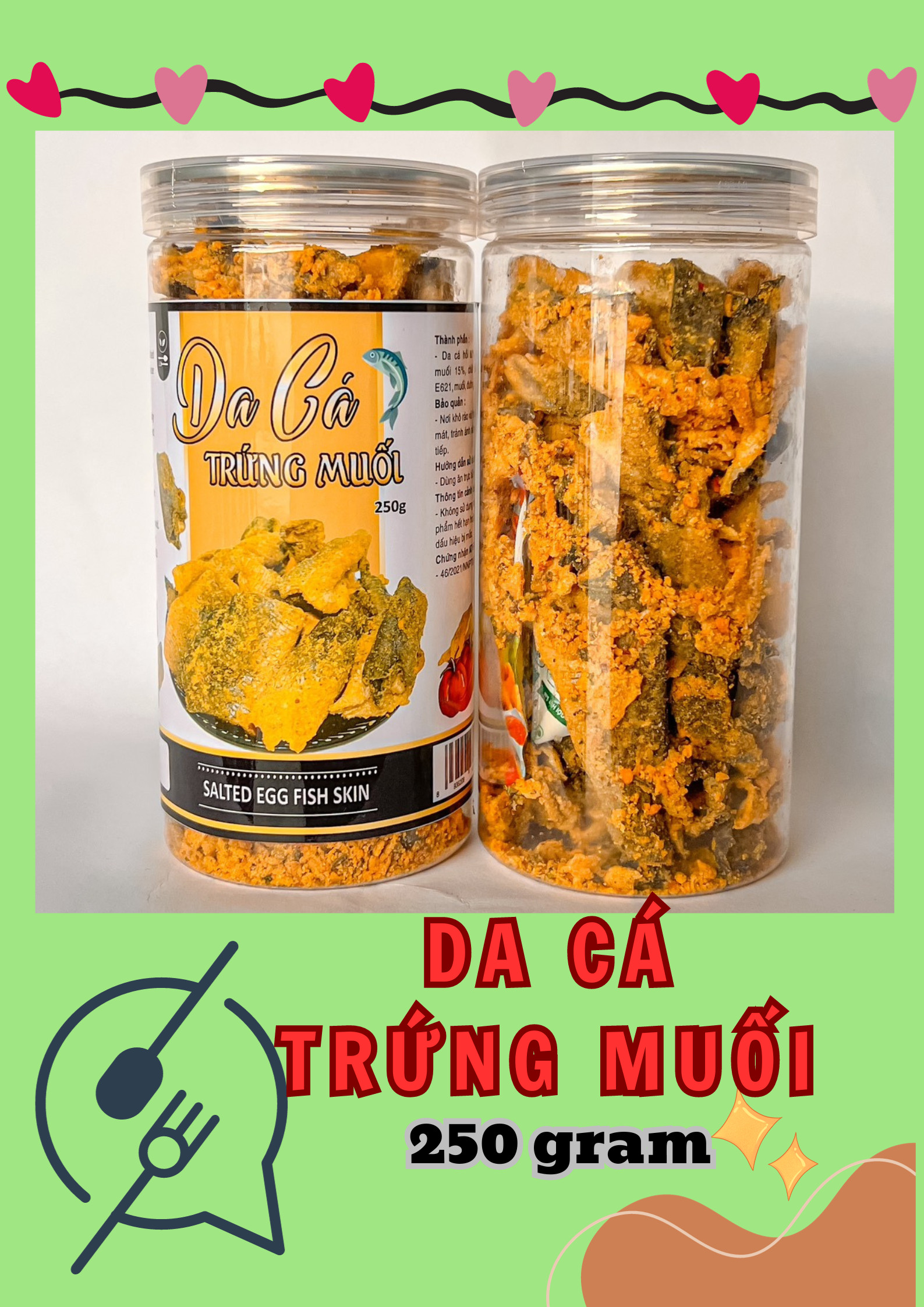 Hộp sản phẩm 250g với nhãn trước và phần da cá bên trong