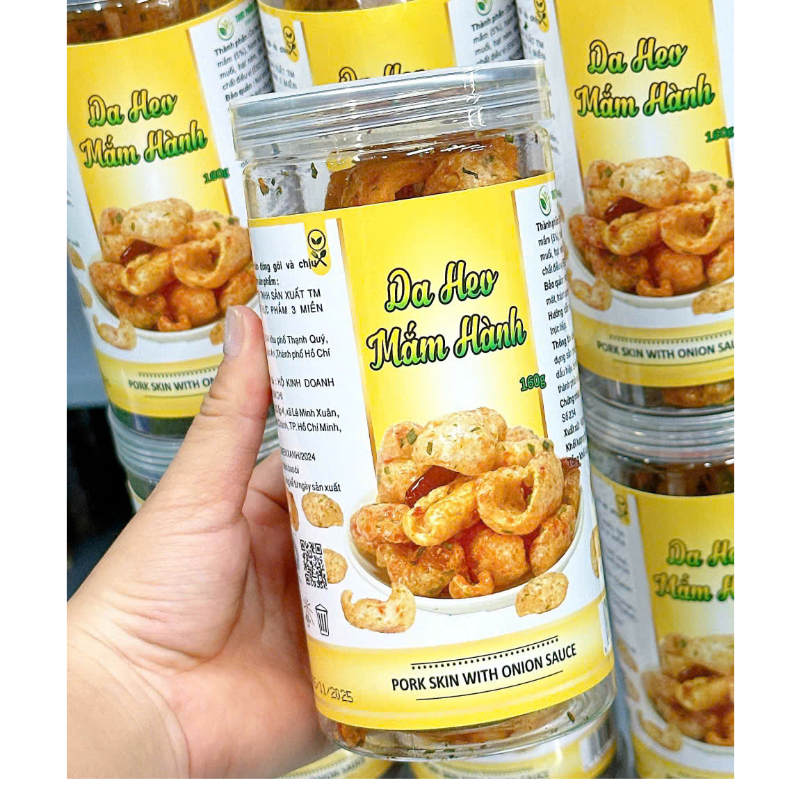 Hộp sản phẩm thực tế với nhãn da heo mắm hành 160g