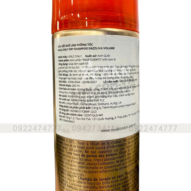 Dầu Gội Khô Girlz Only Màu Cam 200ml Làm Phồng Tóc