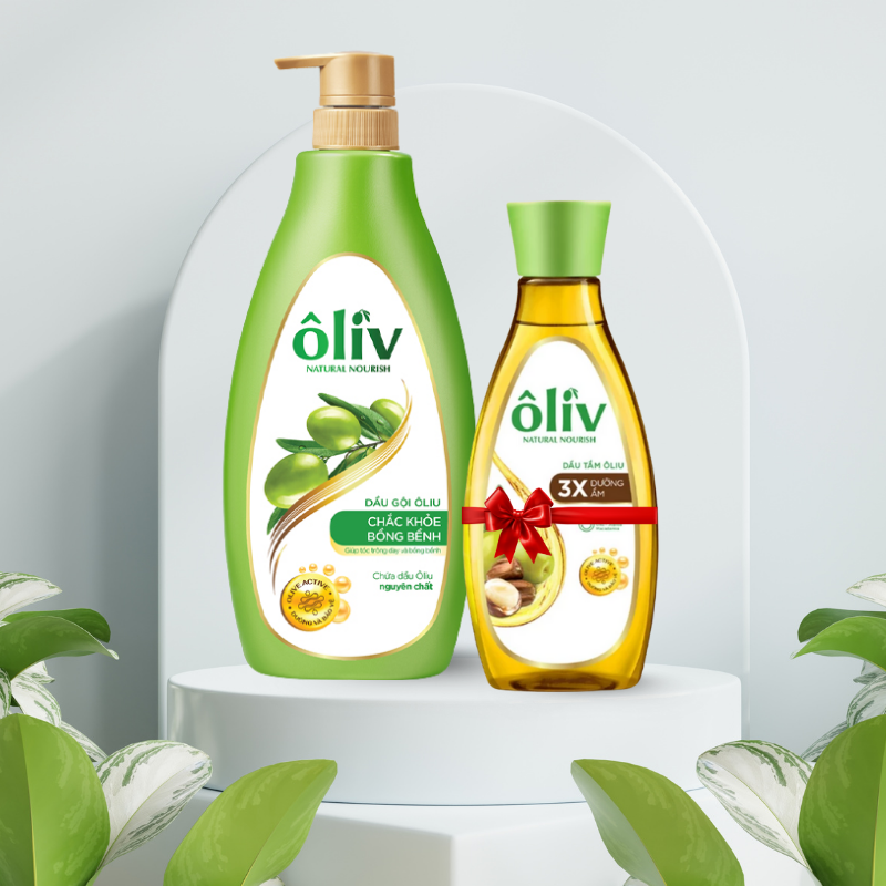Bộ sản phẩm gồm dầu gội và dầu tắm Oliu 3X Dưỡng Ẩm