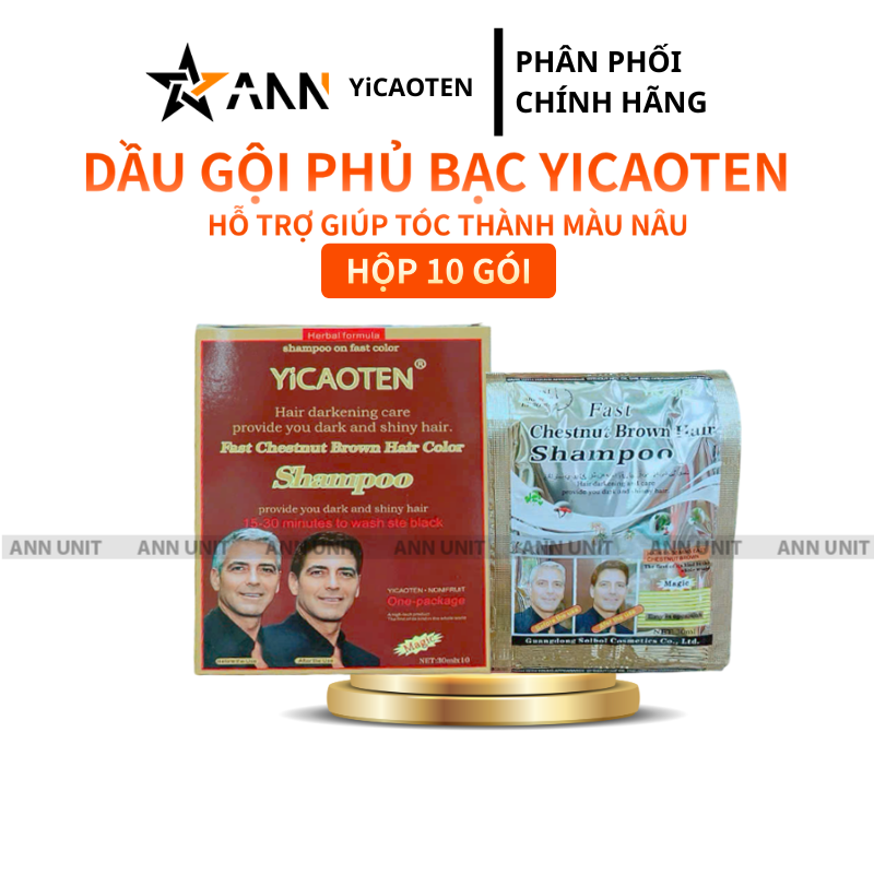 Ảnh giới thiệu hộp 10 gói của dầu gội phủ bạc Yicaoten nâu