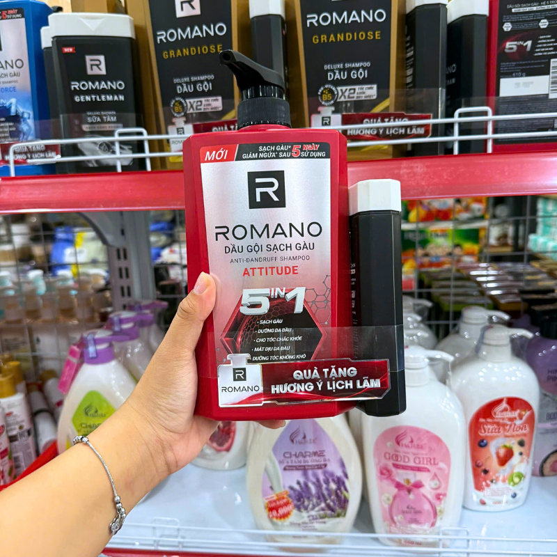 Hình ảnh Dầu Gội Romano Sạch Gàu Anti - Dandruff Shampoo Attitude 5 In 1 650g - Dầu Gội Nam Chai Đỏ (Tặng Sữa Tắm Sạch Sảng Khoái) trong bộ sưu tập Romano