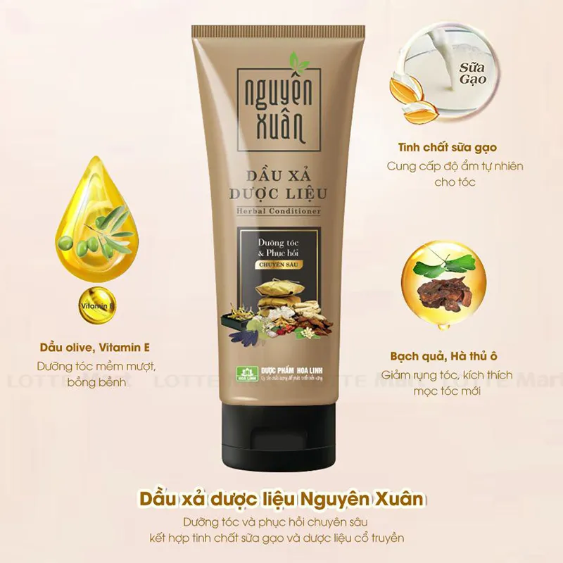 Minh hoạ các thành phần nổi bật như sữa gạo, dầu olive/vitamin E và bạch quả, hà thủ ô