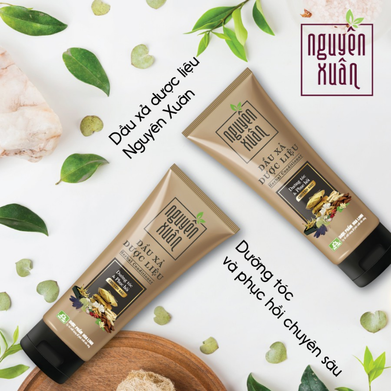 Thiết kế tuýp dầu xả Nguyên Xuân tông nâu cùng thông điệp dưỡng tóc & phục hồi chuyên sâu