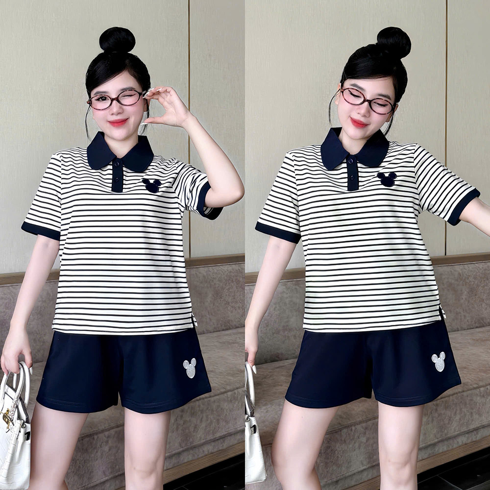 Đồ Bộ Nữ Áo Cổ Trụ Tay Ngắn Quần Đùi Sọc Thêu Mickey Size 45-62kg