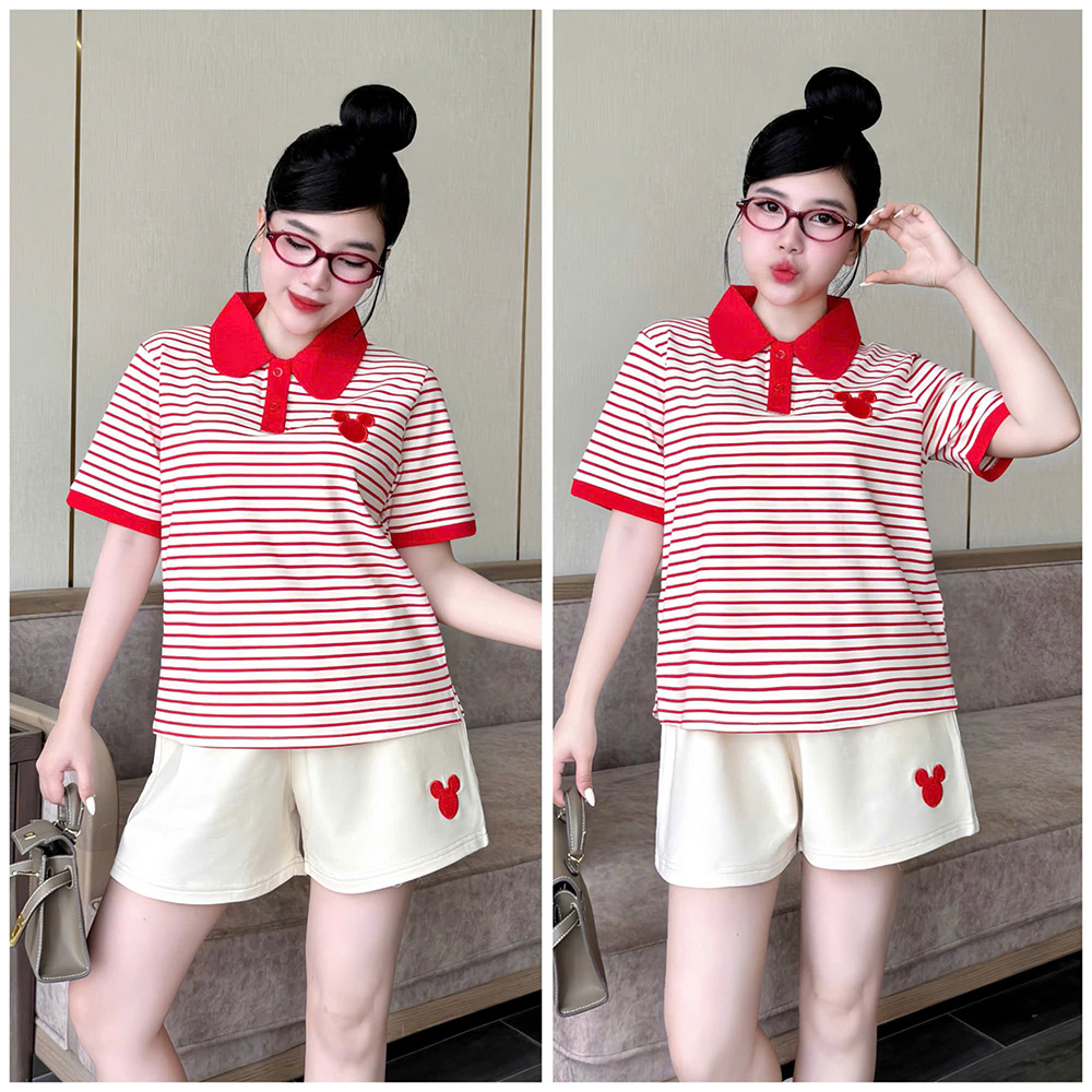 Đồ Bộ Nữ Áo Cổ Trụ Tay Ngắn Quần Đùi Sọc Thêu Mickey Size 45-62kg