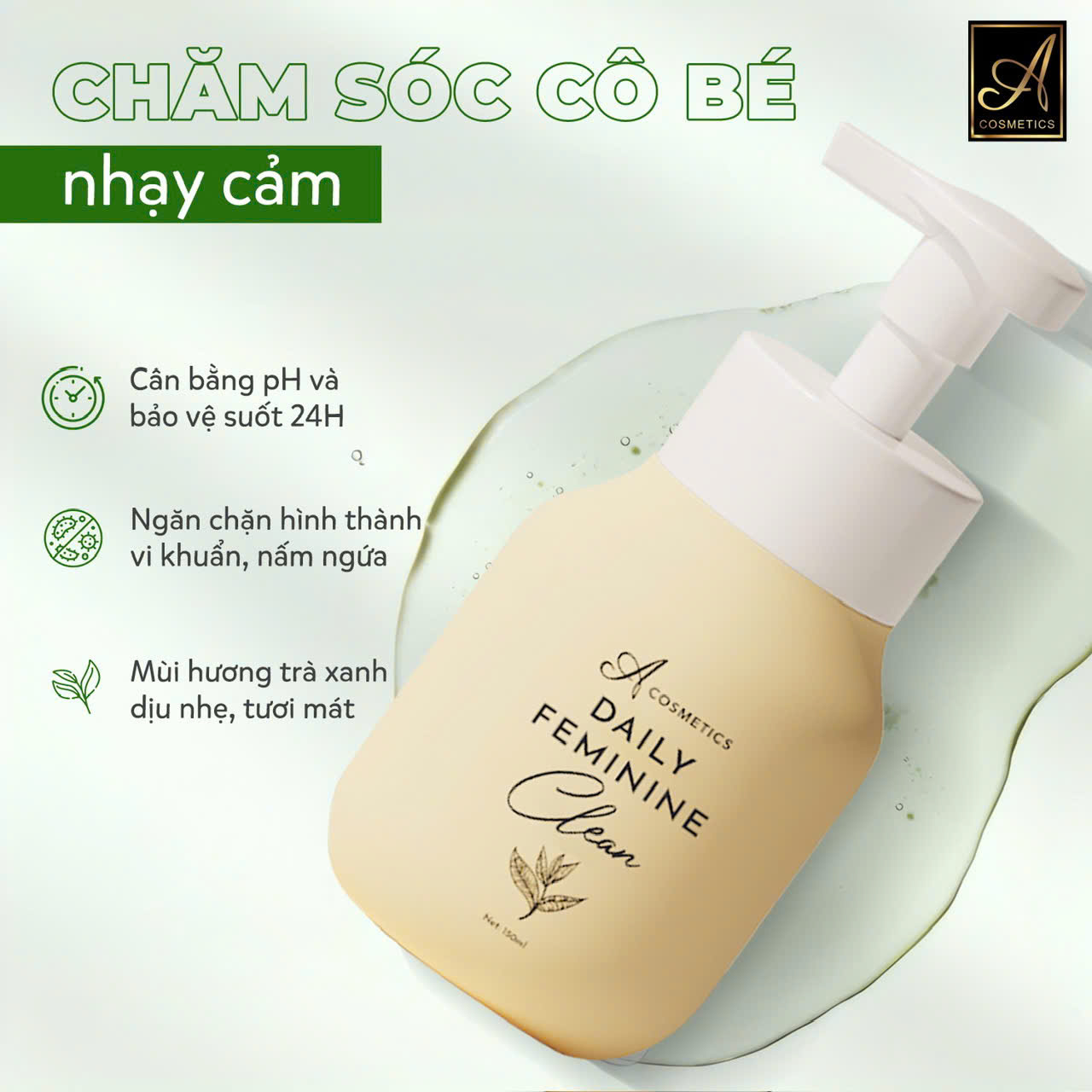 Chai pump Daily Feminine Clean kèm dòng chữ “nhạy cảm” trên nền xanh.