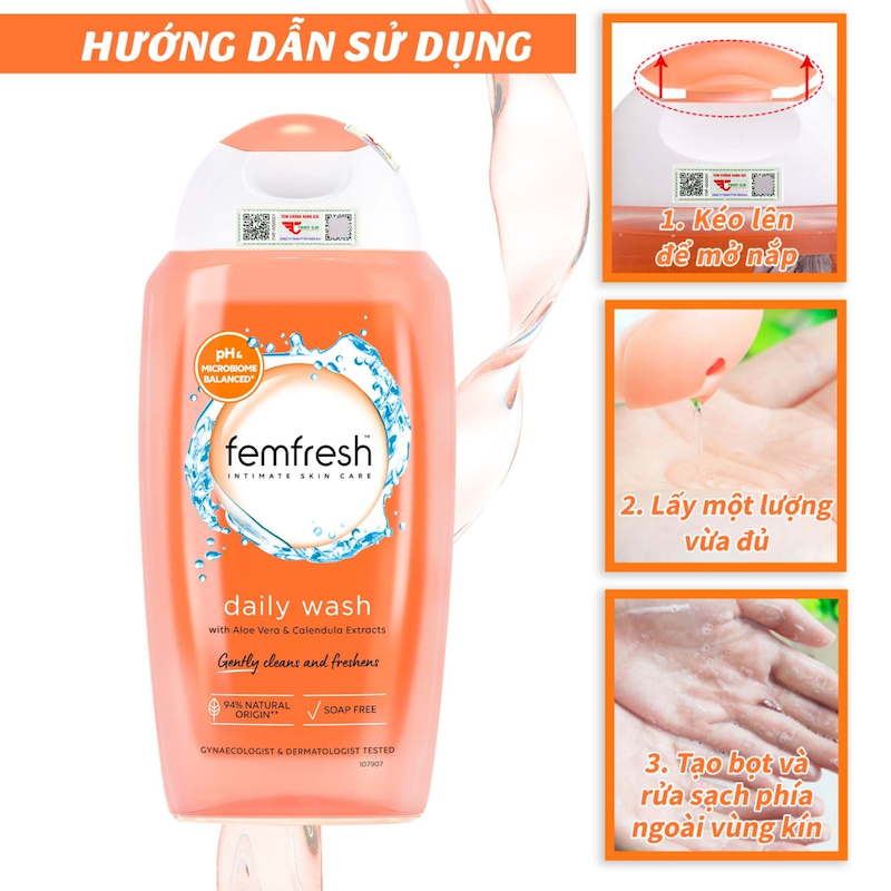 Minh hoạ các bước sử dụng: mở nắp, lấy lượng vừa đủ, tạo bọt và làm sạch