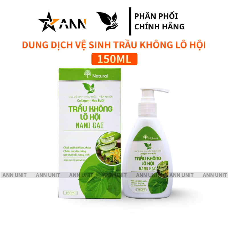 Hộp và chai thể hiện rõ tên dòng Trầu Không Lô Hội Nano Bạc 150ml