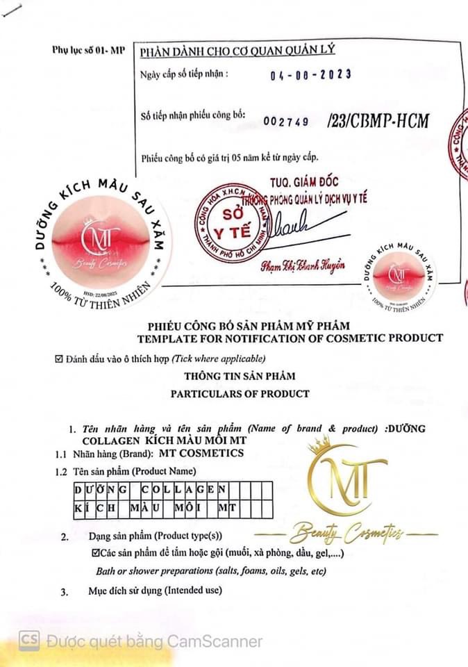 Hình ảnh phiếu công bố mỹ phẩm của sản phẩm