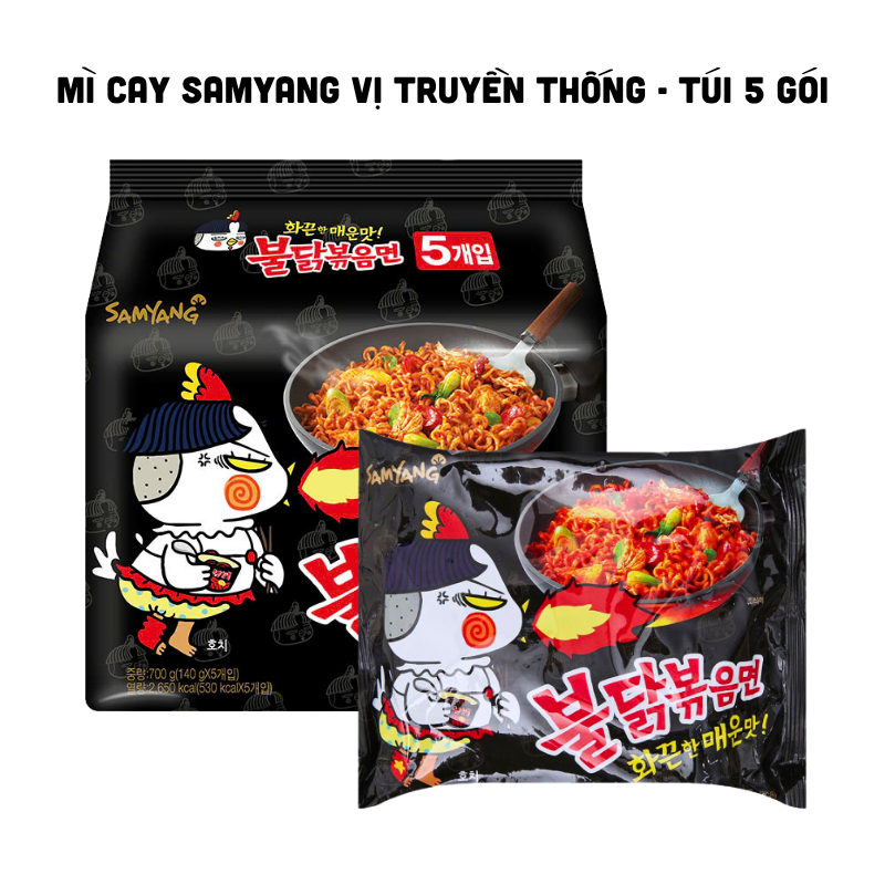 Hình minh họa quy cách túi 5 gói và từng gói mì bên trong.