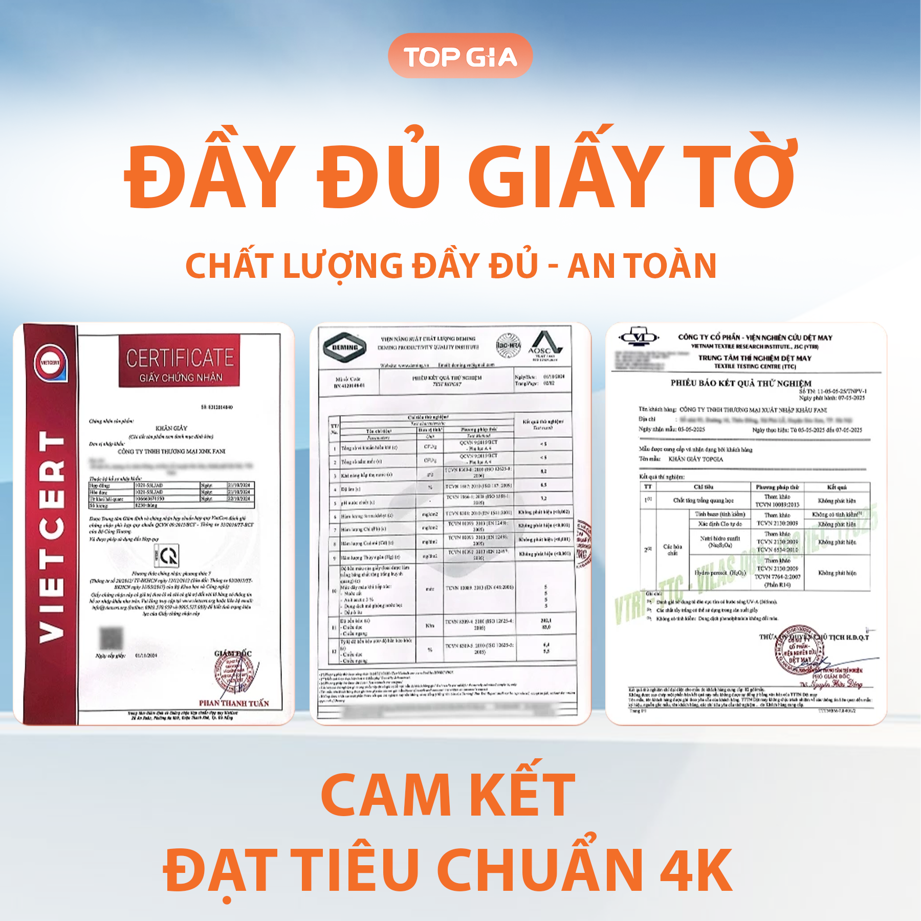 Giấy chứng nhận và phiếu thử nghiệm chất lượng