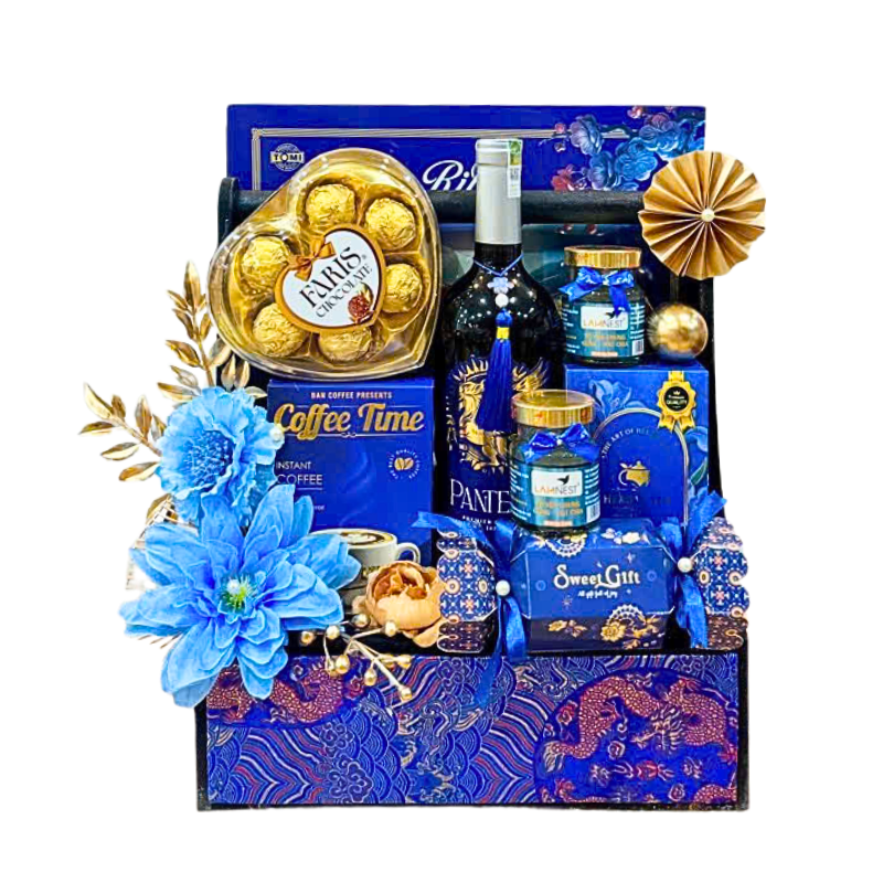 Tổng thể giỏ quà phối tông xanh sang trọng và cân đối