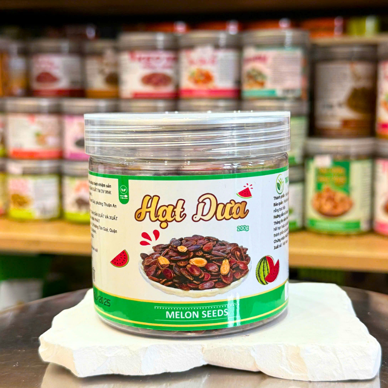 Mặt trước hộp pet 200g với nhãn sản phẩm rõ ràng