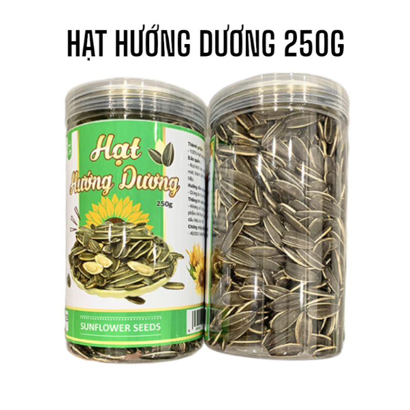 Hũ hạt hướng dương 250g với nhãn xanh và hũ nhựa trong suốt.