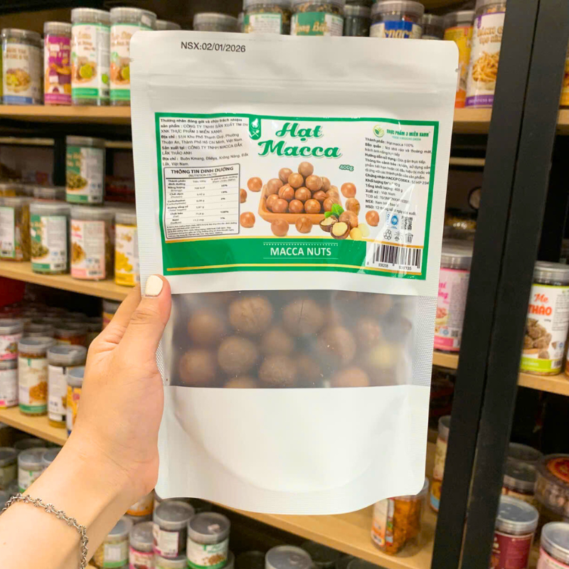 Tổng thể mặt trước túi 400g với cửa sổ nhìn thấy hạt bên trong