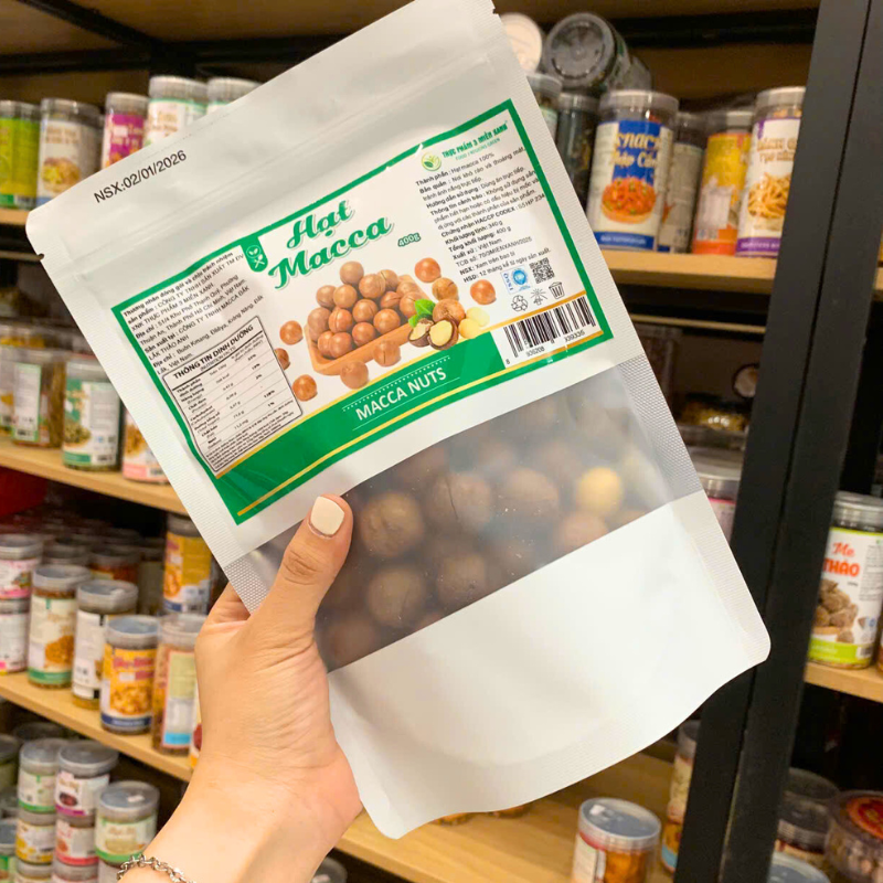 Nhãn trước hiển thị tên sản phẩm, khối lượng và thương hiệu