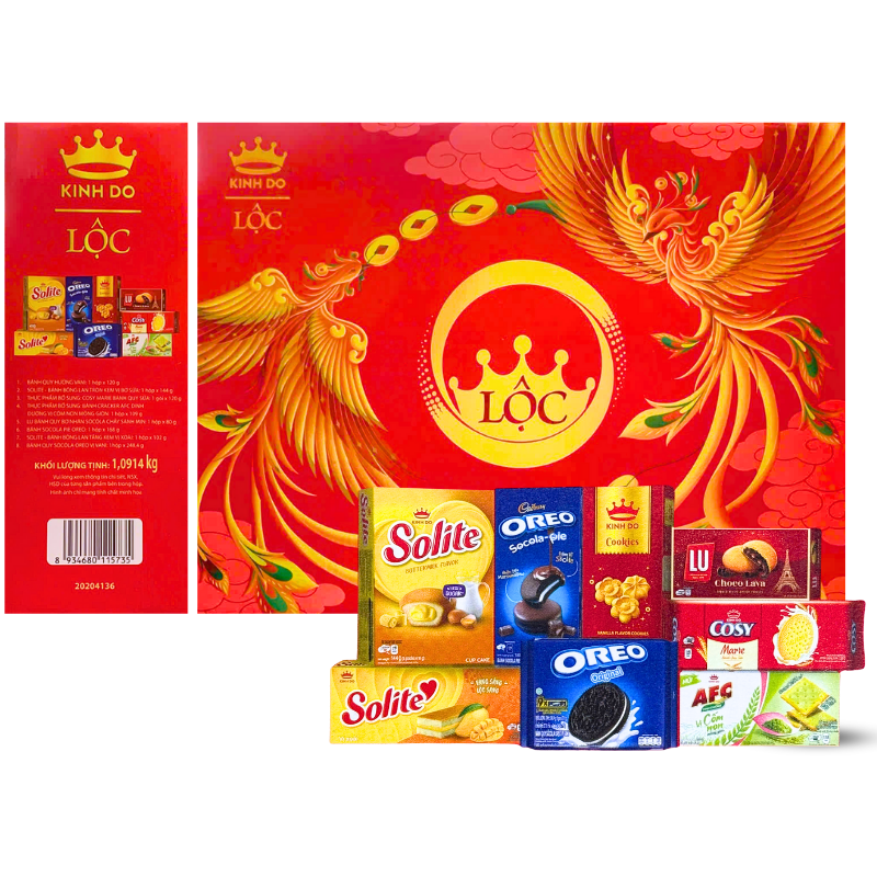 Hộp Bánh Tết Lộc Thịnh Vượng Số 2 - Bộ Quà Tết Cặp Công Kinh Đô Lộc Thinh Vượng 8 Món 1,0914kg phù hợp để tham khảo khi chọn kinh đô