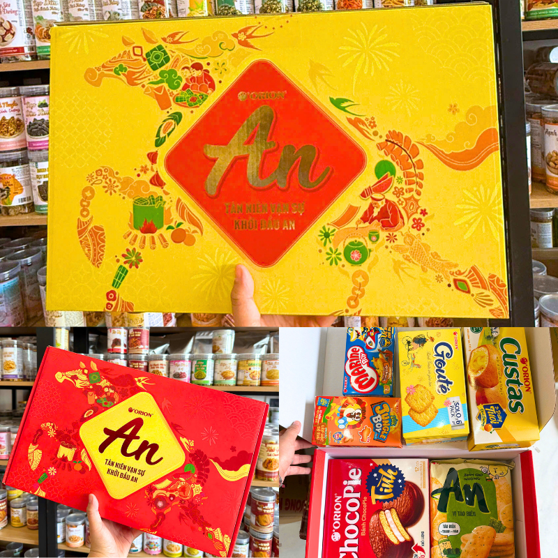 Thiết kế hộp quà vàng đỏ nổi bật bên ngoài