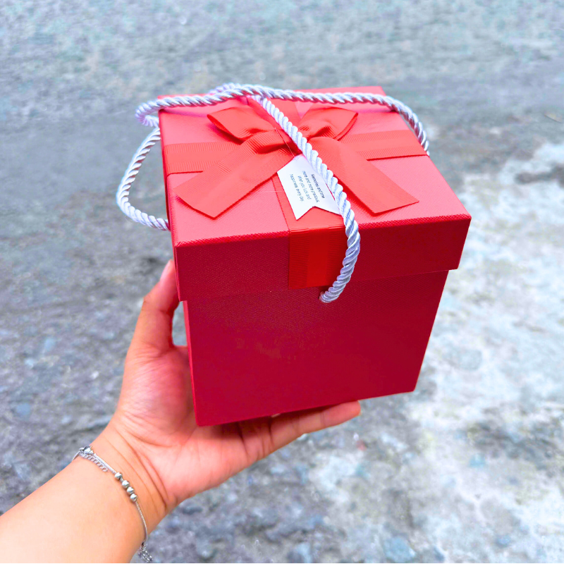 Hộp Quà Giấy Vuông Màu Đỏ Nắp Rời Có Quai Xách Kèm Hoa Kim Tuyến, Giấy Rơm Và Đèn Đom Đóm