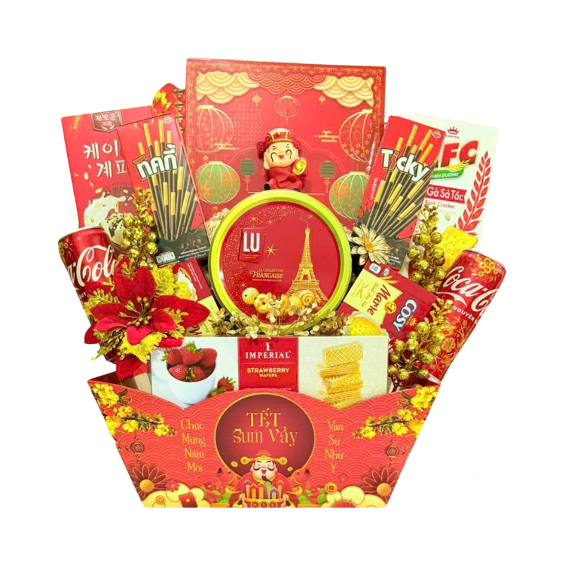 Tổng thể hộp quà tông đỏ, bố cục quà và trang trí cân đối