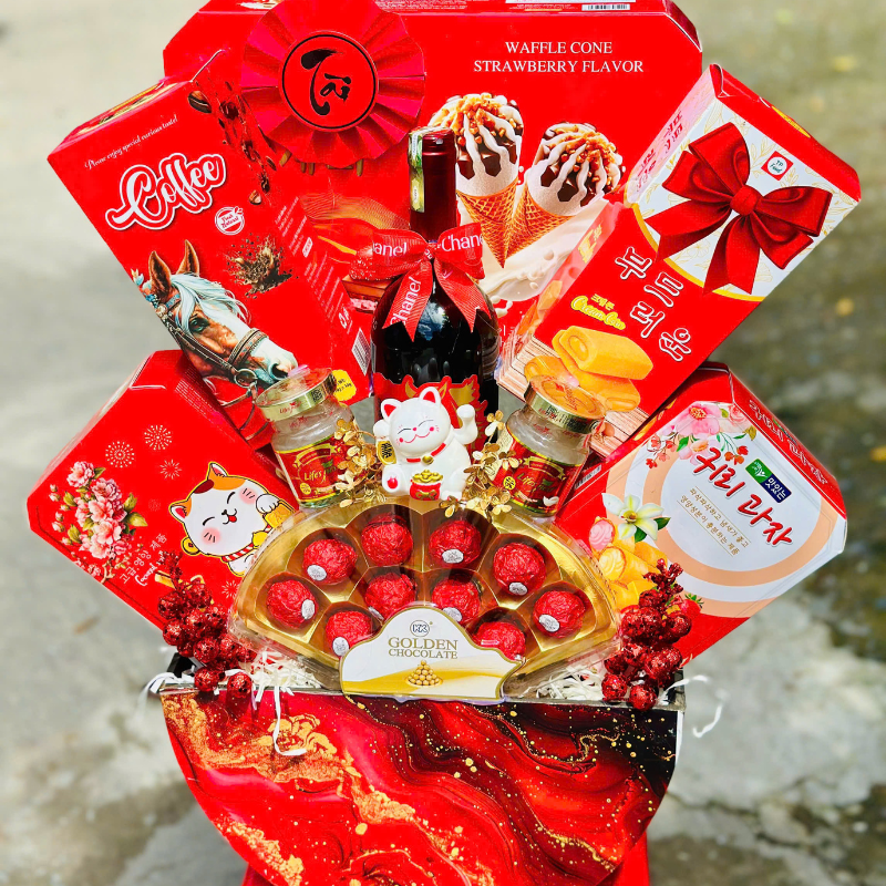 Hộp Quà Tết Sang Trọng Tông Đỏ - Set Quà Cao Cấp Trang Trí Tết