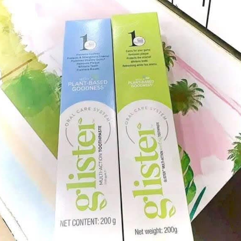 Hình hộp kem đánh răng Glister màu xanh lá 200g