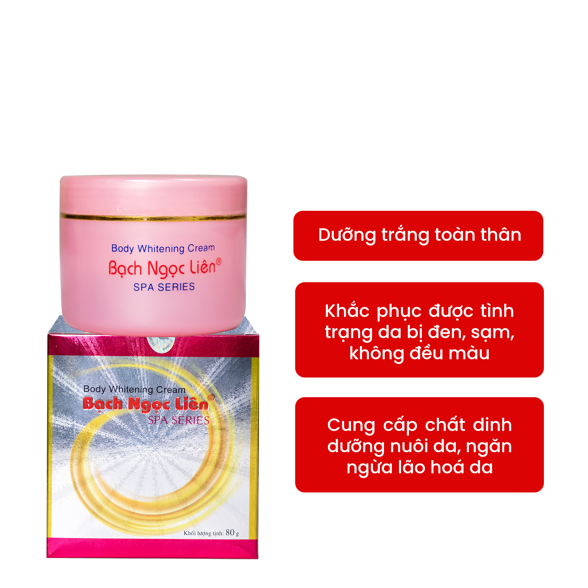 Hũ kem và hộp sản phẩm màu hồng cùng các điểm nổi bật được in kèm