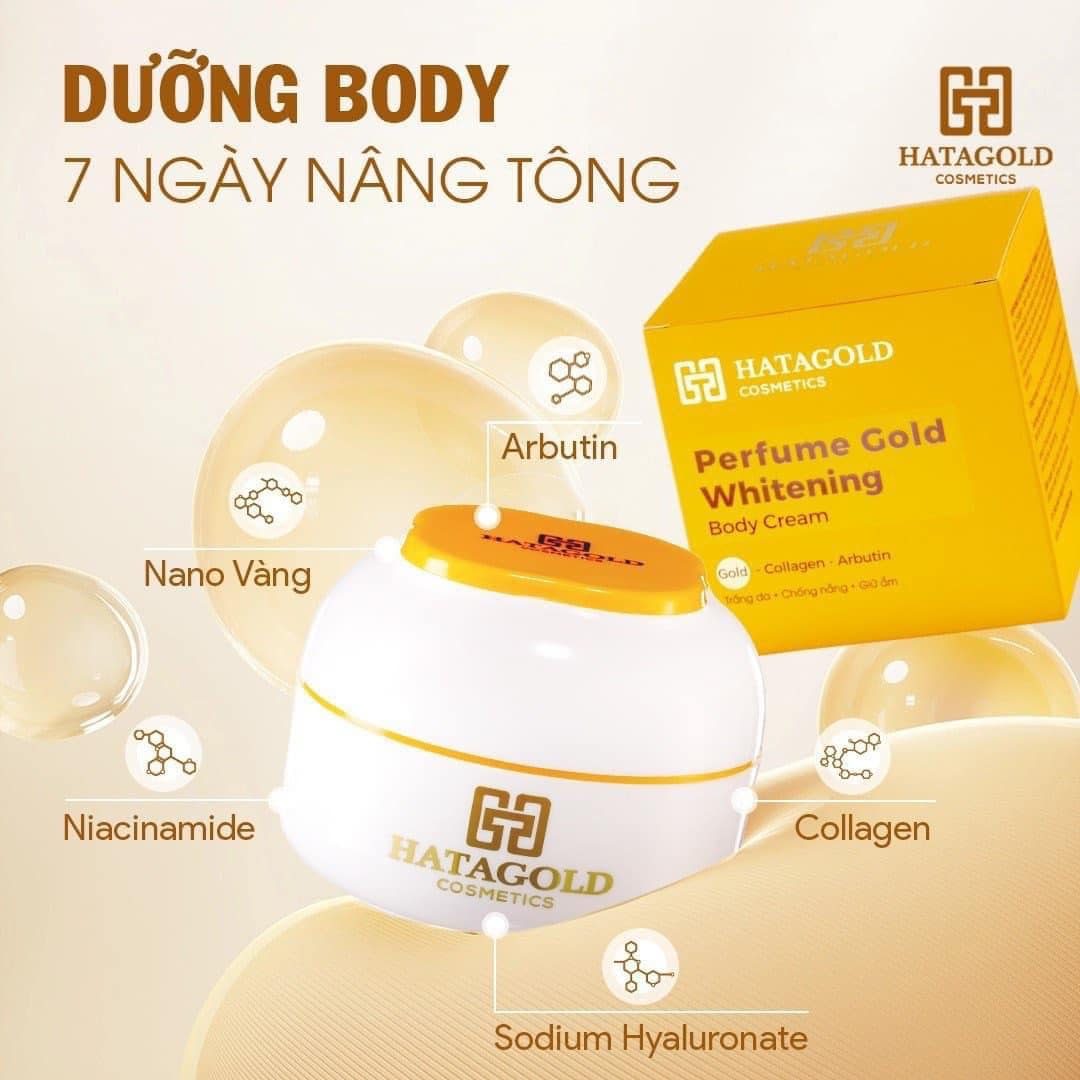 Minh họa các thành phần nổi bật như nano vàng, arbutin, niacinamide, collagen và HA