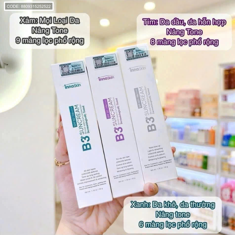 Ảnh phân biệt phiên bản màu tím trong dòng kem chống nắng B3+