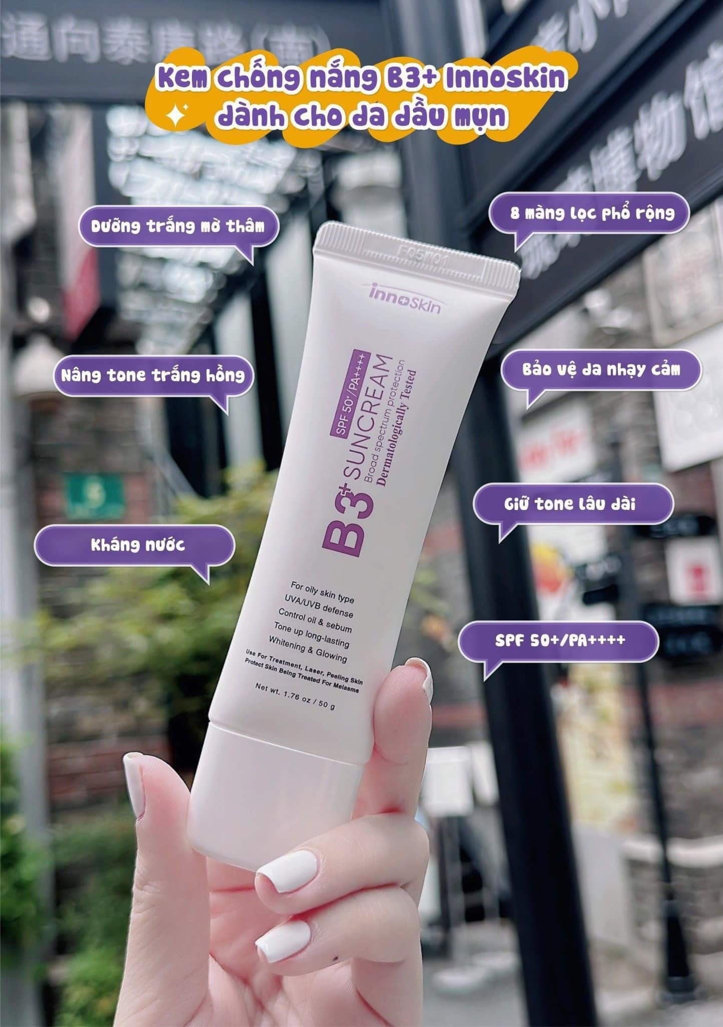 Bao bì tuýp kem chống nắng màu tím của dòng B3+ Suncream