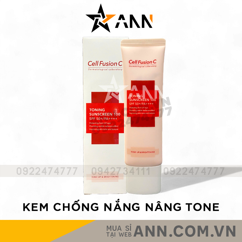 Hộp và tuýp Kem chống nắng Cell Fusion C Toning Sunscreen 100 cạnh nhau.