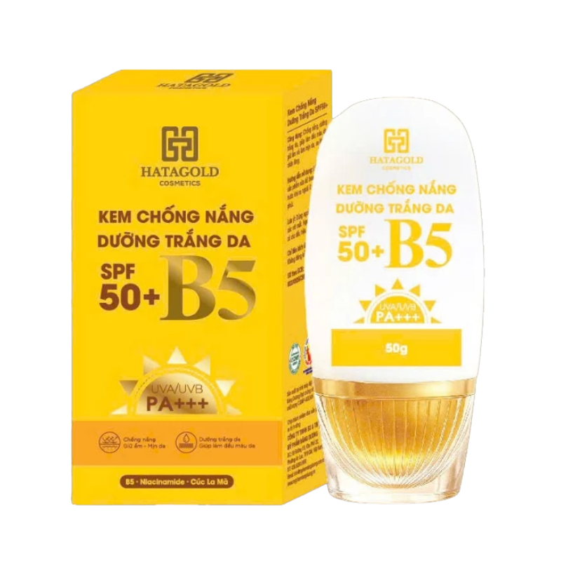 Hộp và chai đồng bộ với các dòng UVA/UVB, PA+++ và 50g rõ nét.