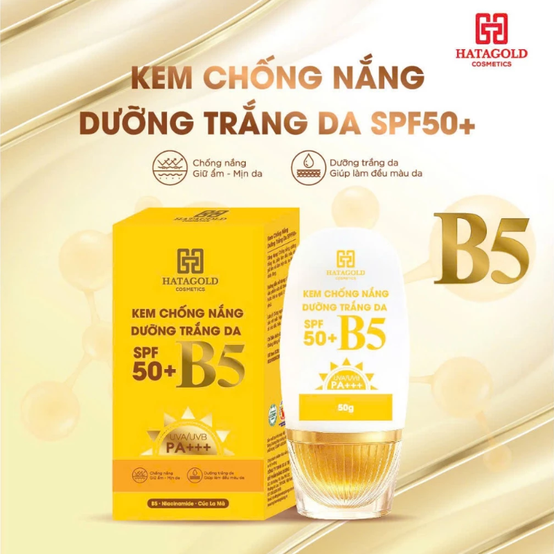 Hộp và chai sản phẩm với thông tin SPF 50+ B5 PA+++ rõ trên bao bì