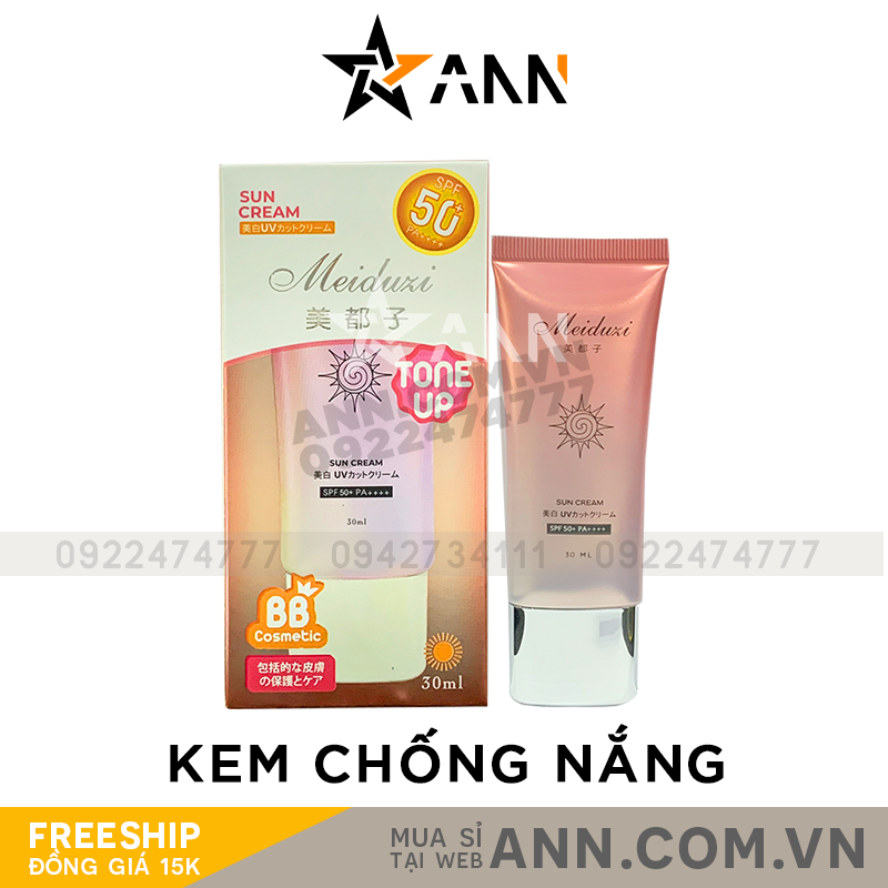 Hộp và tuýp sản phẩm Meiduzi Sun Cream Tone Up SPF50+ PA++++ 30ml