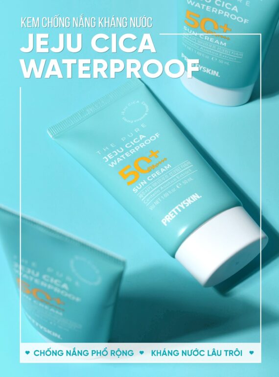 Cận cảnh tuýp kem chống nắng Jeju Cica Waterproof, nhấn mạnh khả năng kháng nước.