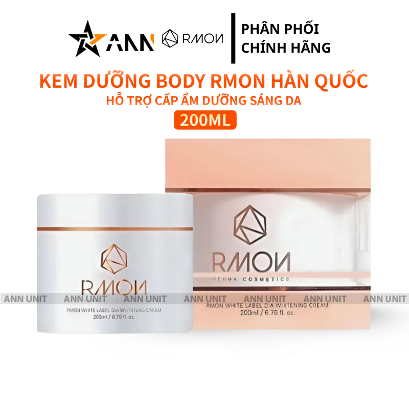 Ảnh trưng bày kèm hộp, có dòng “KEM DƯỠNG BODY RMON HÀN QUỐC 200ML”.